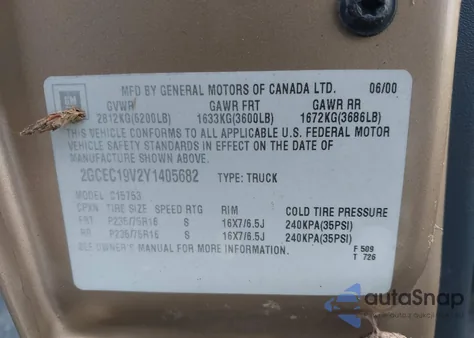 2000 Chevrolet Silverado 1500 Ls из США, поврежденный, VIN 2GCEC19V2Y1405682